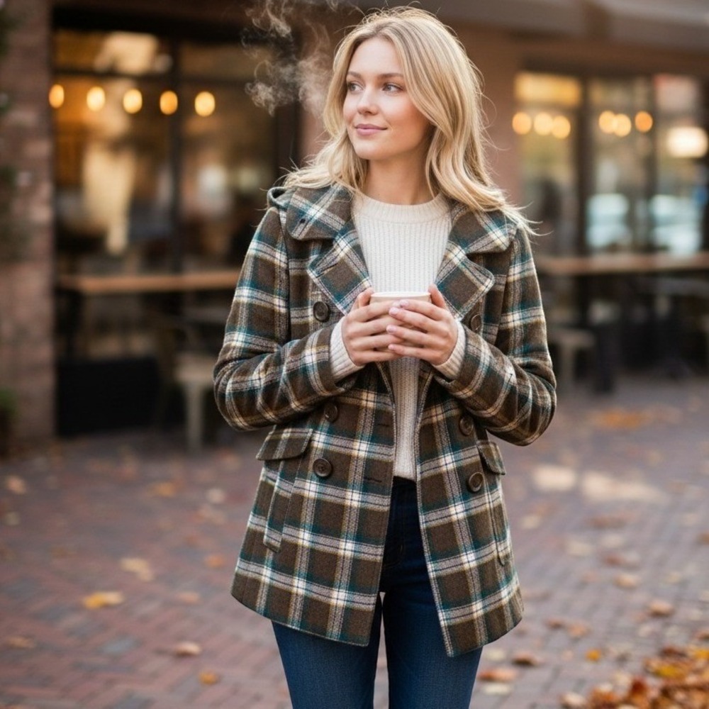 Peacoat Women 1 Brown Plaid Hooded Double Breasted Wool Blend Belted Y2K Retro